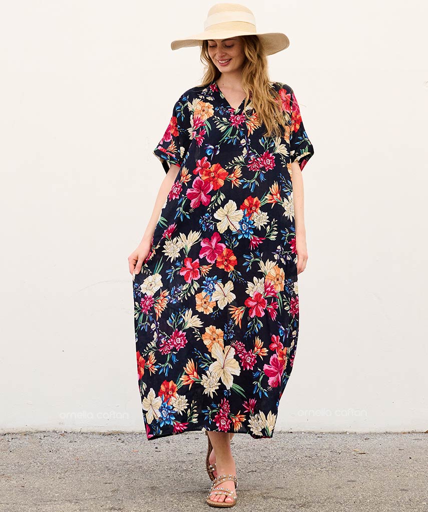 Imogen | Cosy Floral Midi Dress with Relaxed Kaftan Silhouette