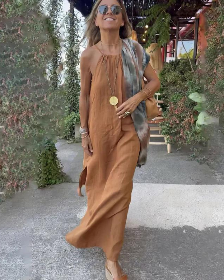 Imogen | Graceful Halter Neck Linen Dress with Side Slit