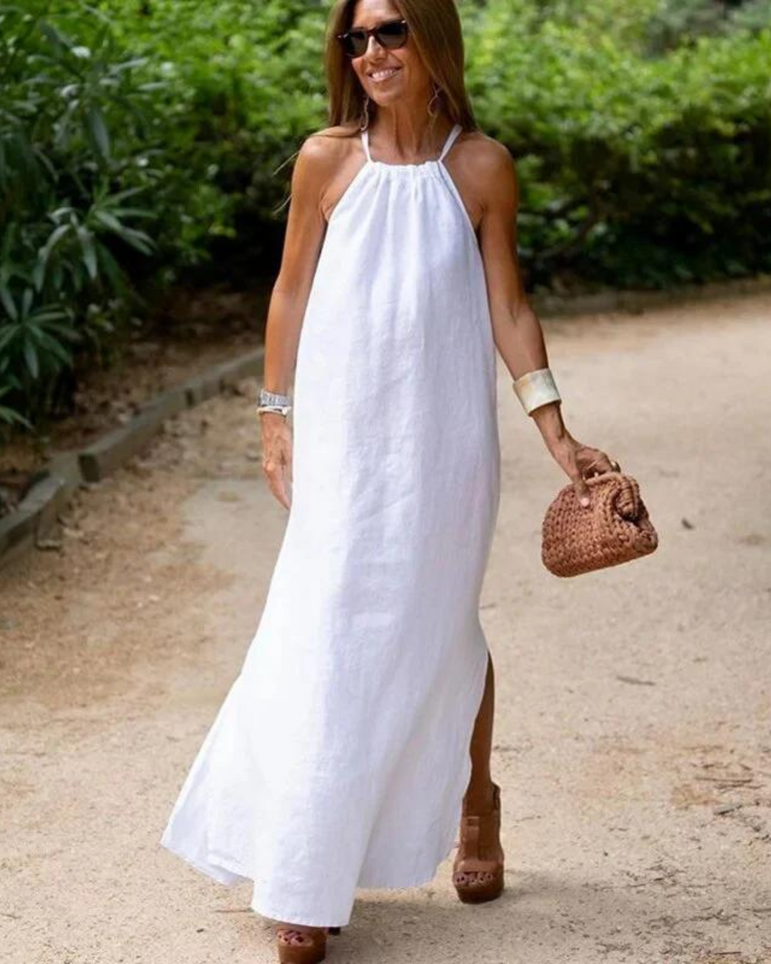 Imogen | Graceful Halter Neck Linen Dress with Side Slit