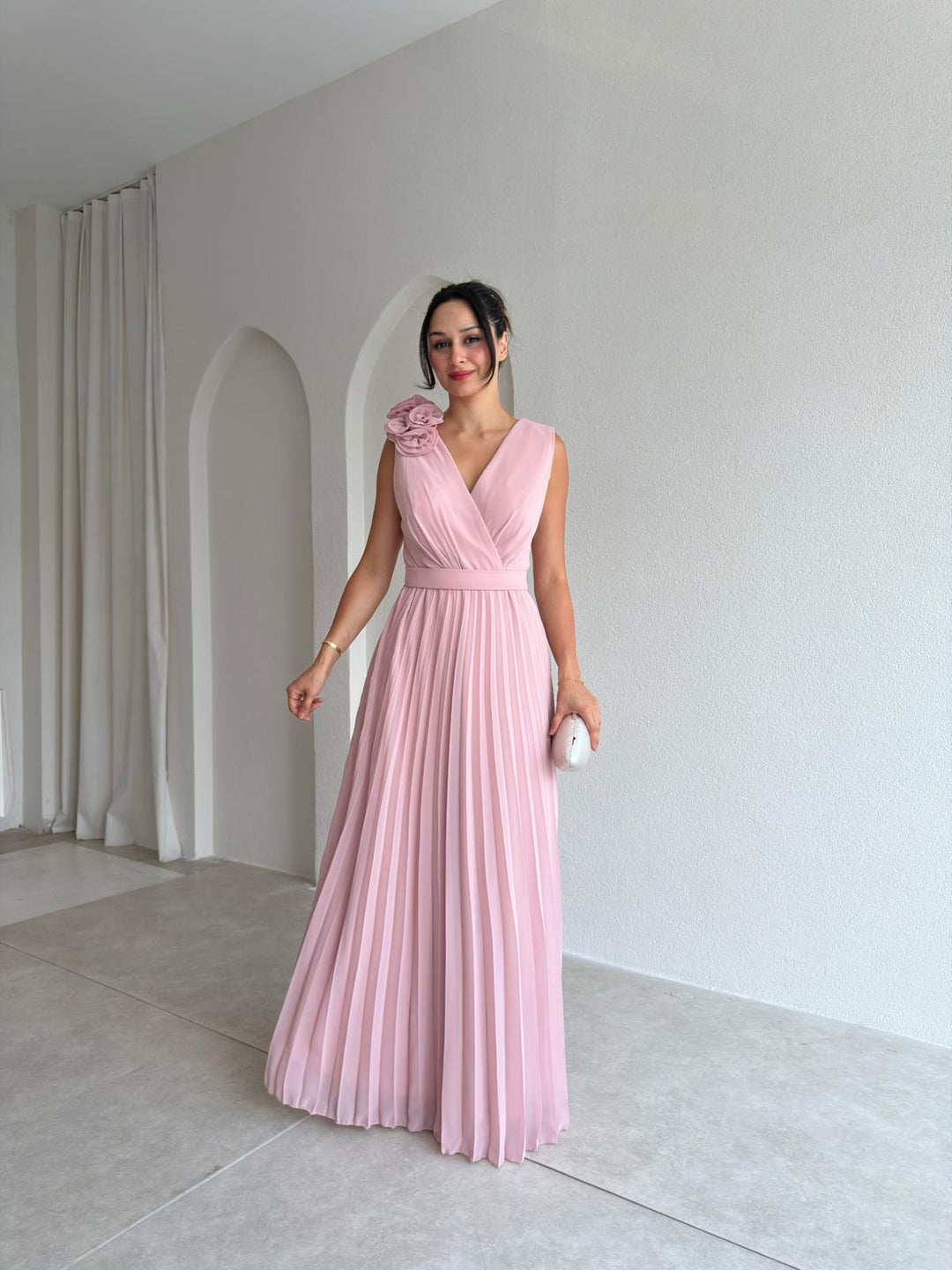 Imogen | Graceful Pleated Floral Appliqué Cocktail Dress