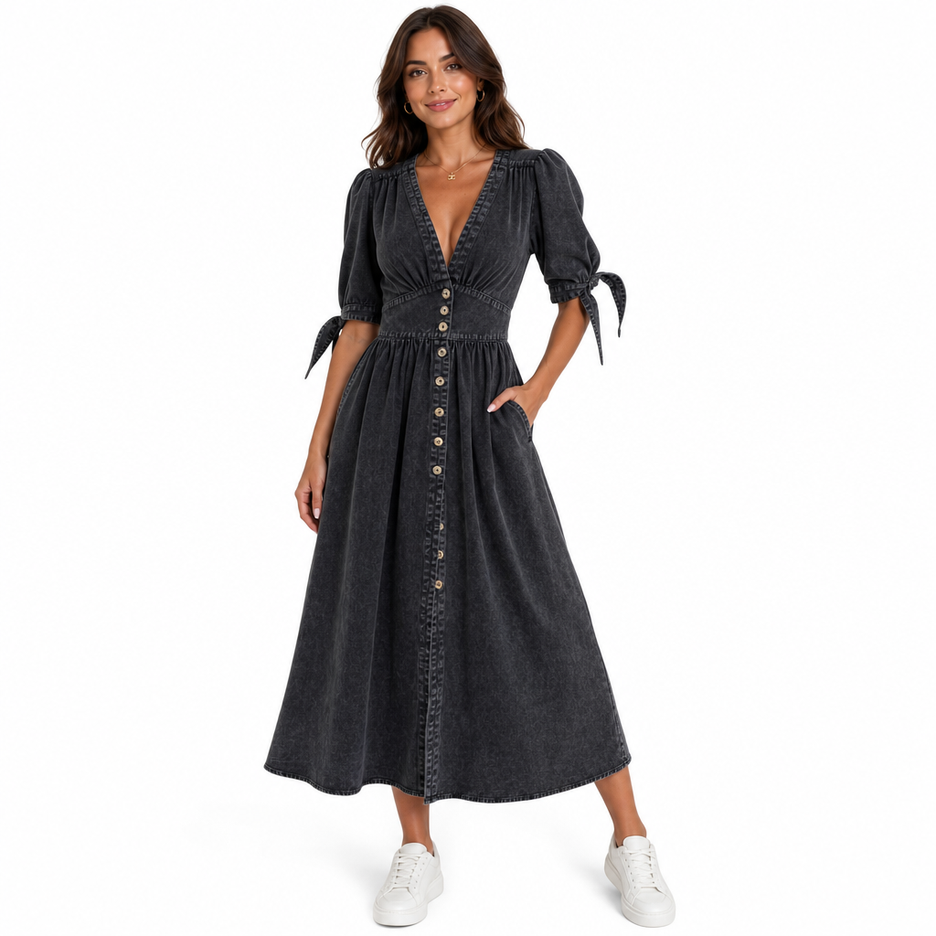 Isabella | Effortless Button-Front V-Neck Maxi Race Dress