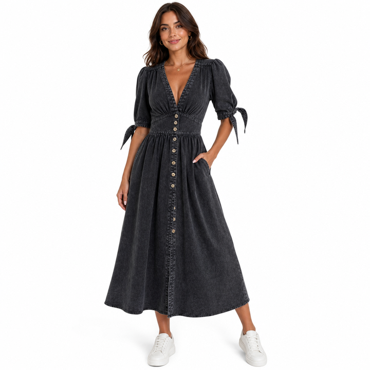 Isabella | Effortless Button-Front V-Neck Maxi Race Dress