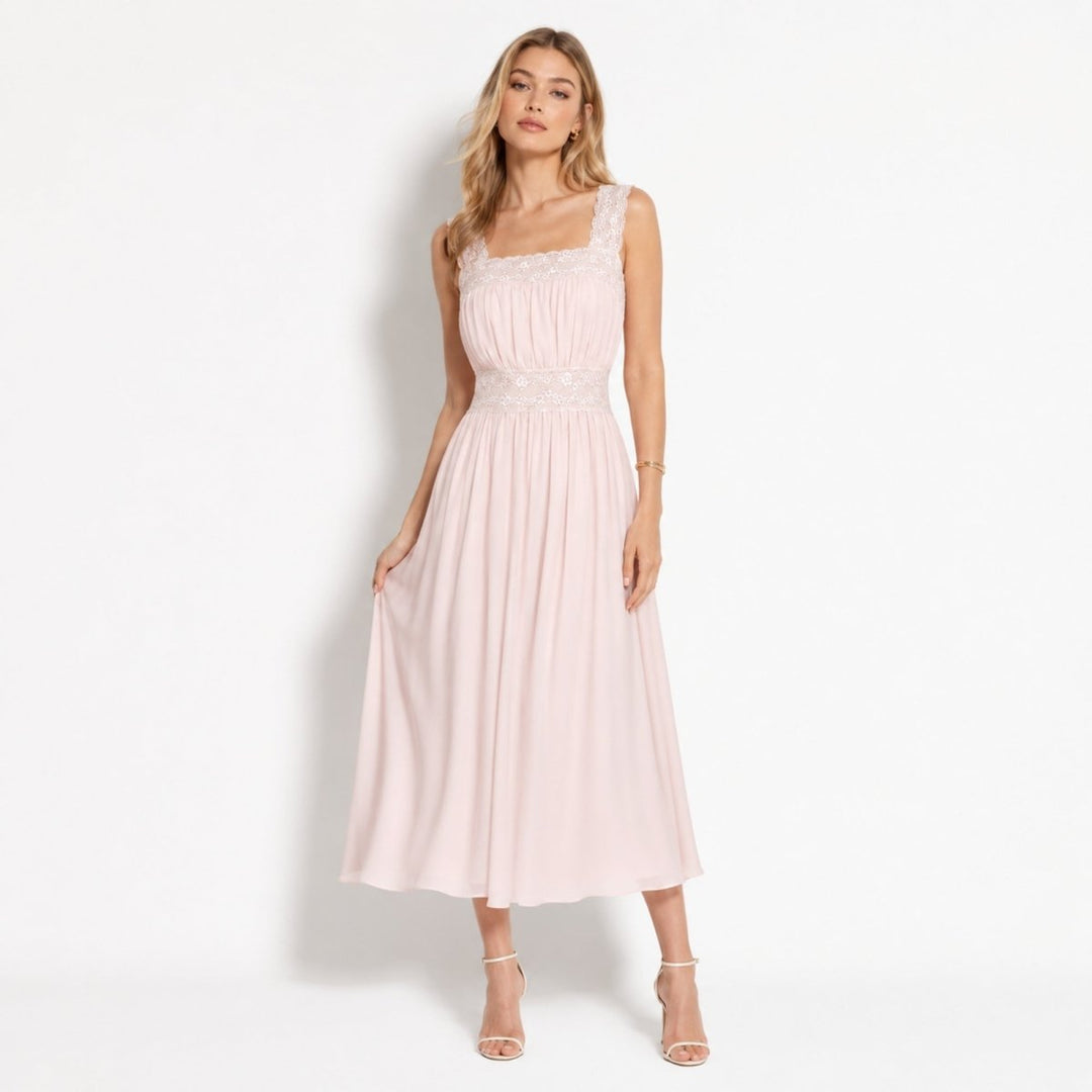 Isabella | Sophisticated Pleated Lace Trim Midi Races Dresses