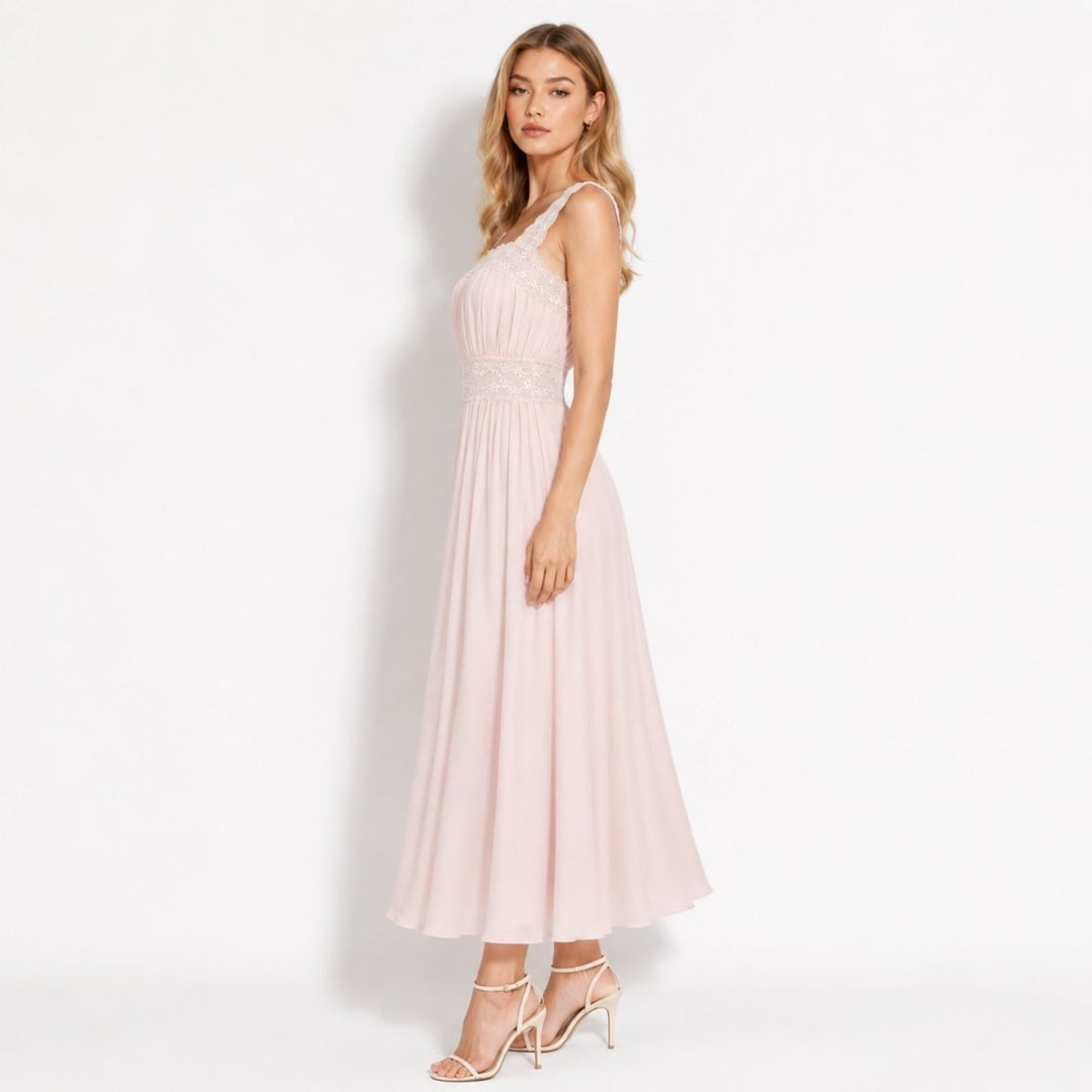 Isabella | Sophisticated Pleated Lace Trim Midi Races Dresses
