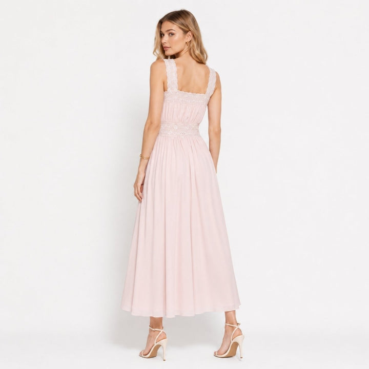 Isabella | Sophisticated Pleated Lace Trim Midi Races Dresses