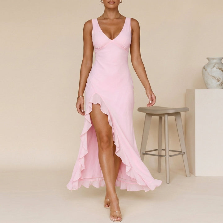 Isabella | Timeless Ruffle Slit V Neck Maxi Cocktail Dress
