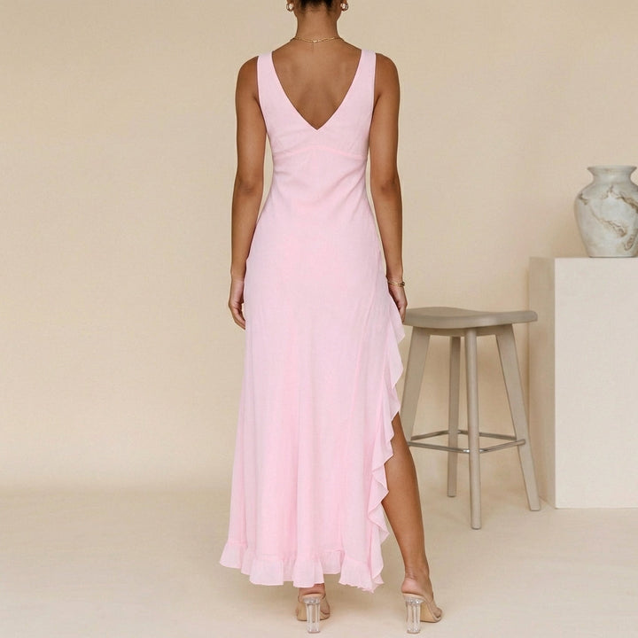 Isabella | Timeless Ruffle Slit V Neck Maxi Cocktail Dress