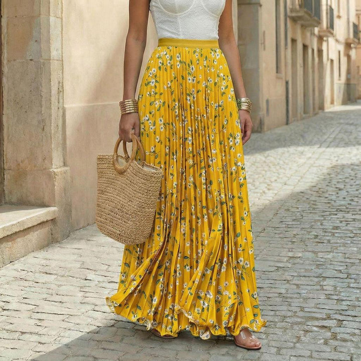 Isabelle | Chic High Waisted Floral Pleated Maxi Skirt