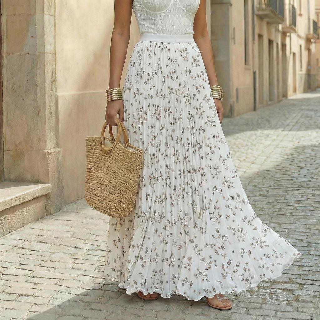 Isabelle | Chic High Waisted Floral Pleated Maxi Skirt