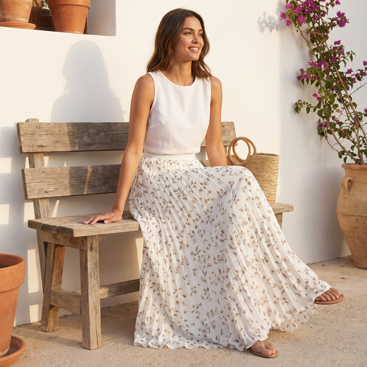 Isabelle | Chic High Waisted Floral Pleated Maxi Skirt