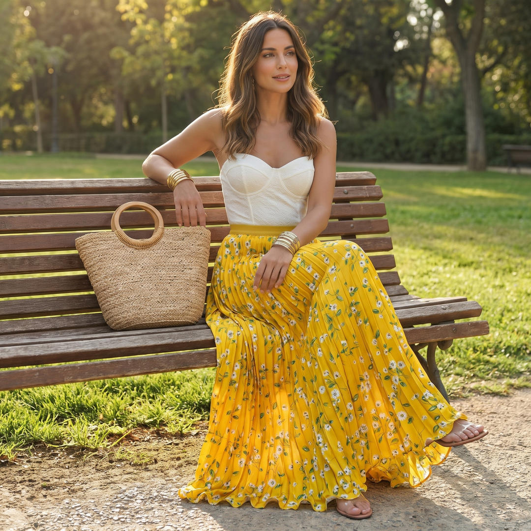 Isabelle | Chic High Waisted Floral Pleated Maxi Skirt