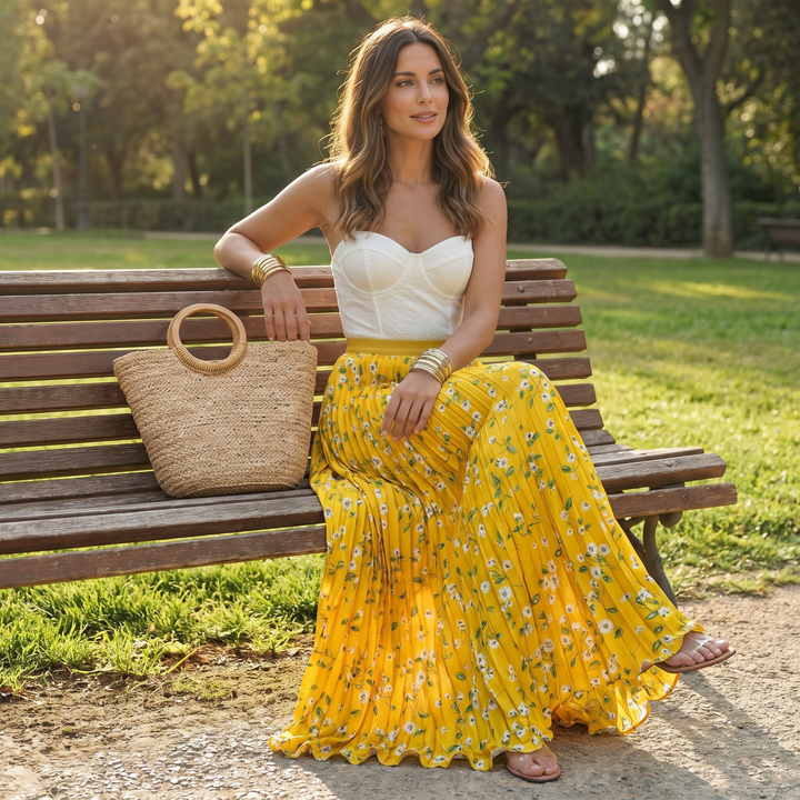 Isabelle | Chic High Waisted Floral Pleated Maxi Skirt