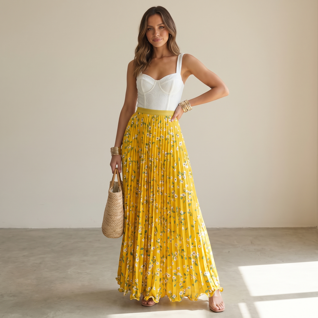 Isabelle | Chic High Waisted Floral Pleated Maxi Skirt