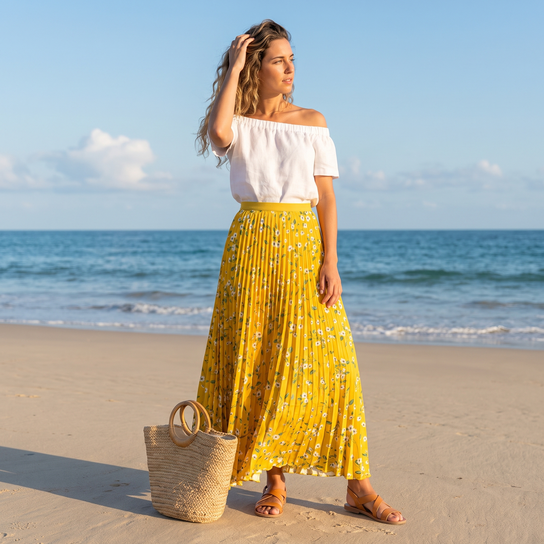 Isabelle | Chic High Waisted Floral Pleated Maxi Skirt