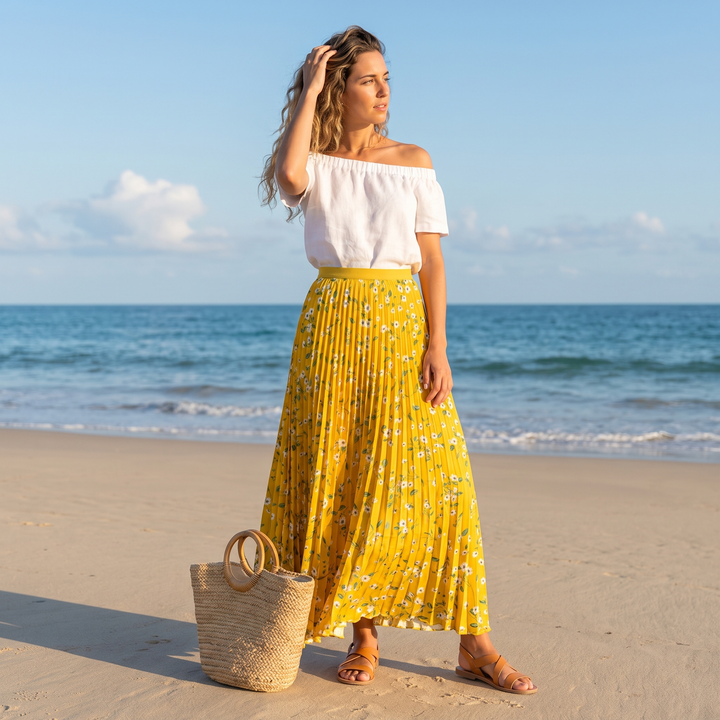 Isabelle | Chic High Waisted Floral Pleated Maxi Skirt