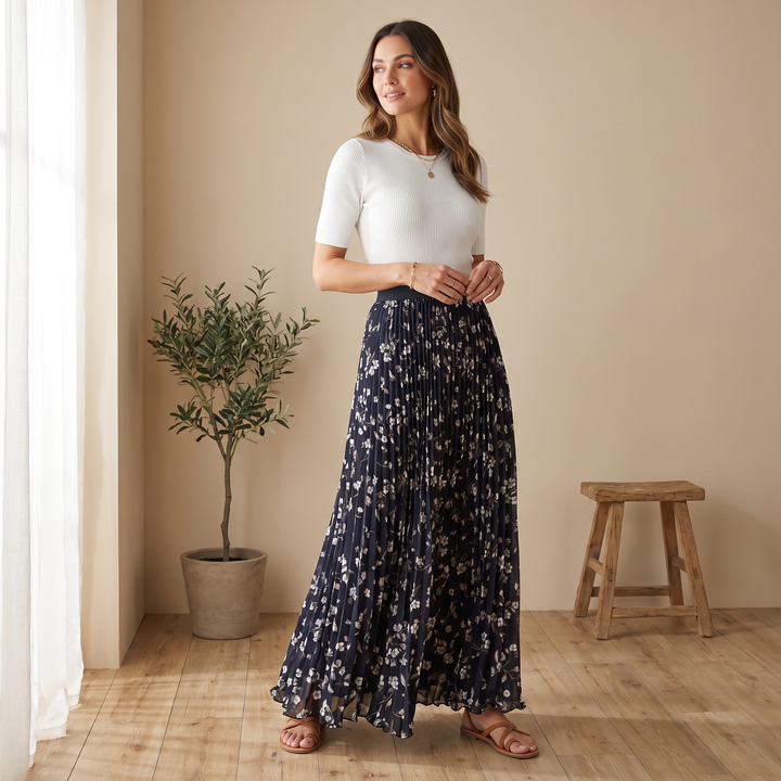 Isabelle | Chic High Waisted Floral Pleated Maxi Skirt