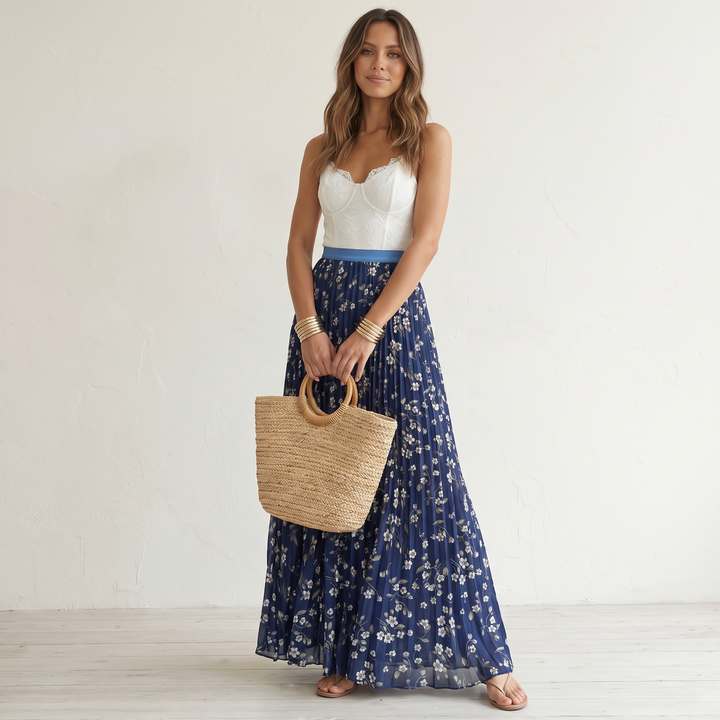 Isabelle | Chic High Waisted Floral Pleated Maxi Skirt