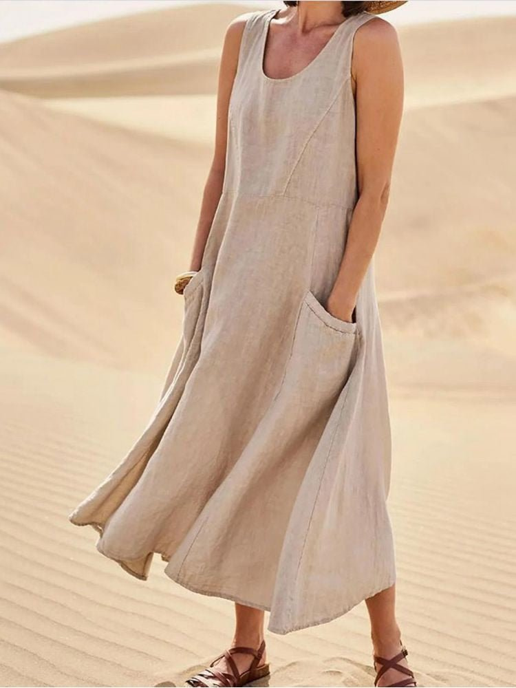 Isabelle | Cosy A-Line Midi Linen Dress with Pockets