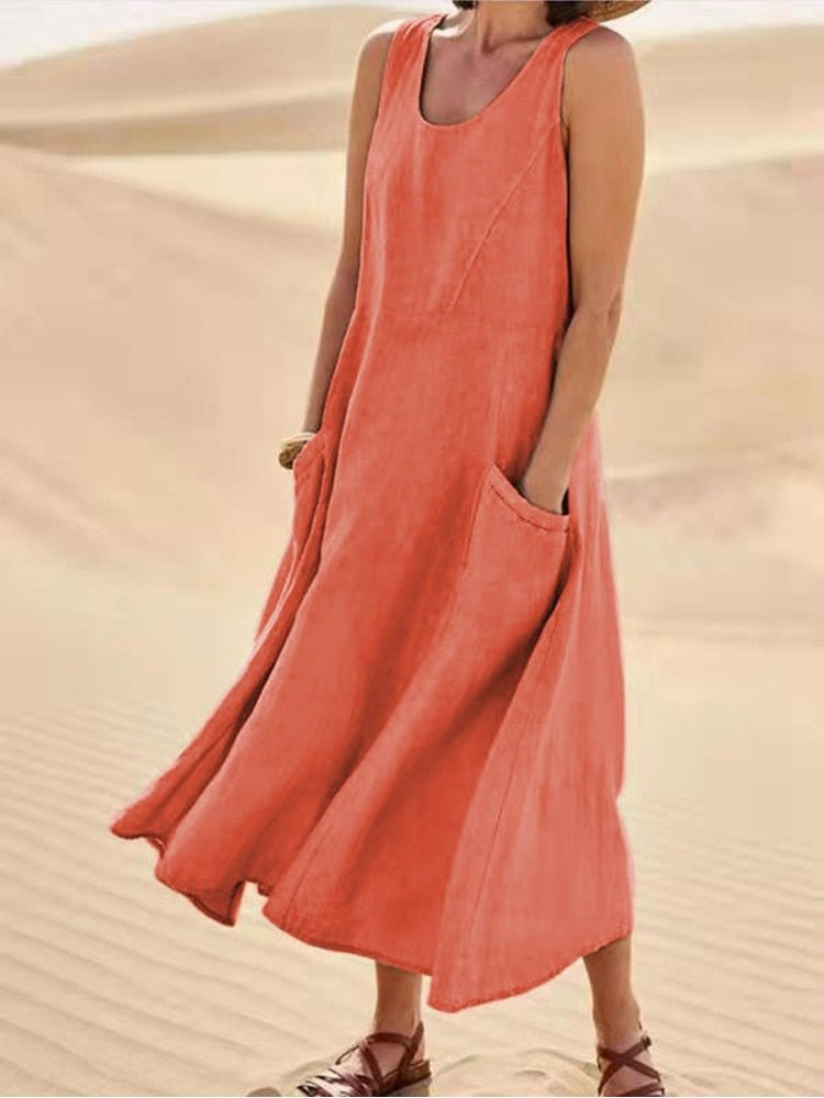 Isabelle | Cosy A-Line Midi Linen Dress with Pockets