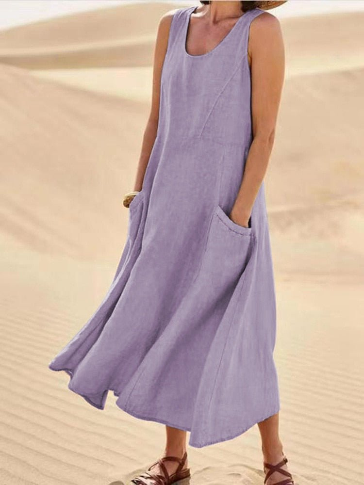 Isabelle | Cosy A-Line Midi Linen Dress with Pockets