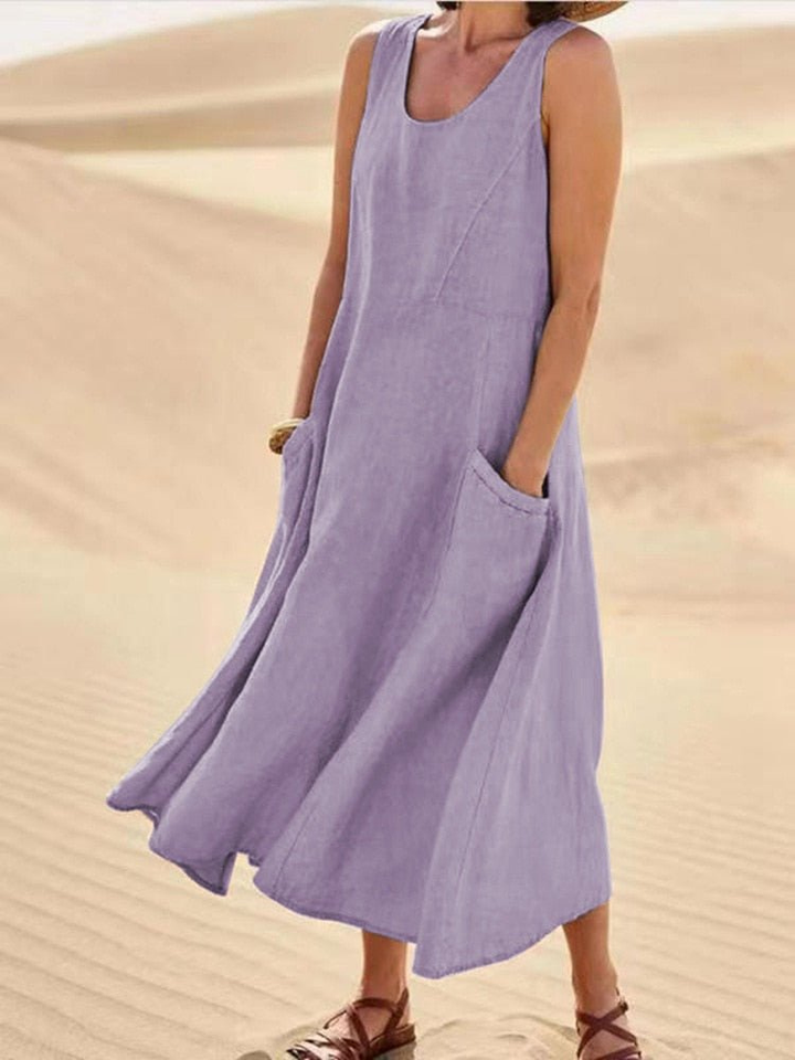 Isabelle | Cosy A-Line Midi Linen Dress with Pockets