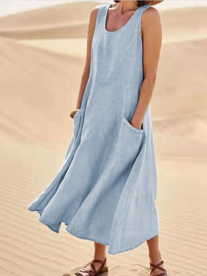 Isabelle | Cosy A-Line Midi Linen Dress with Pockets