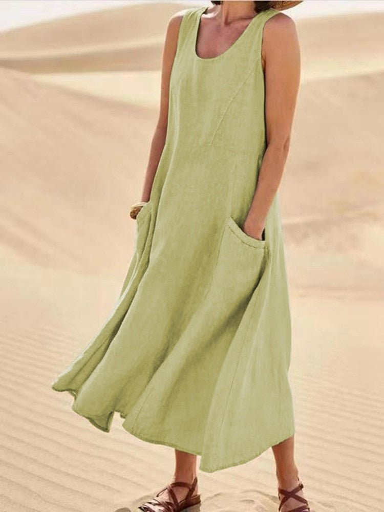 Isabelle | Cosy A-Line Midi Linen Dress with Pockets