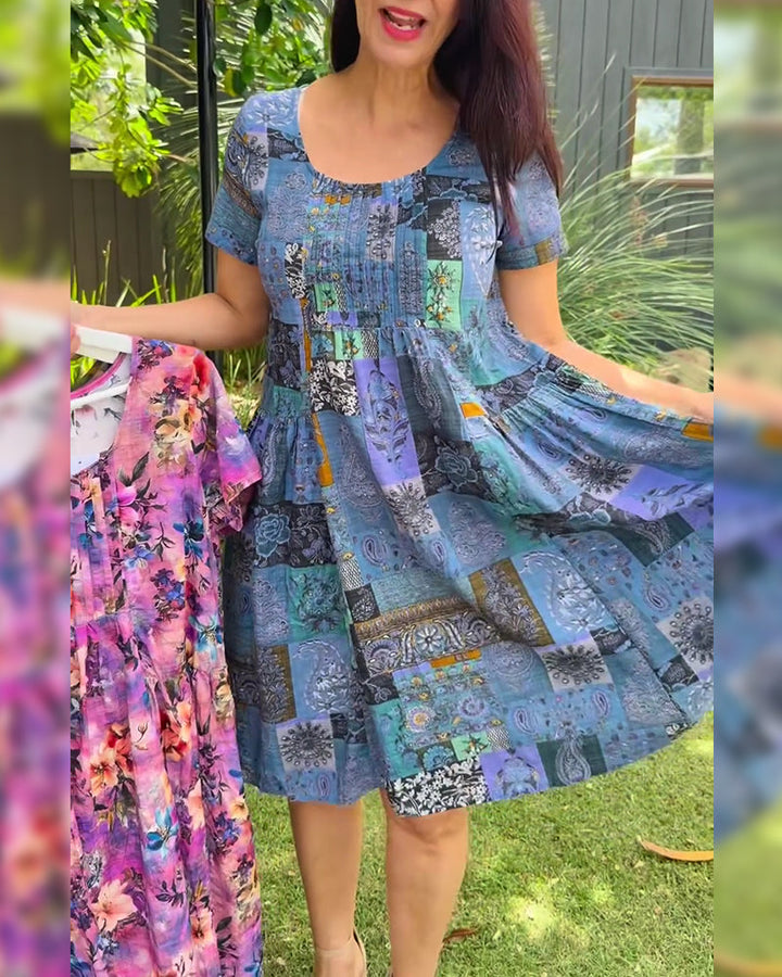 Isabelle | Effortless Patchwork Print Pleated Casual Dress