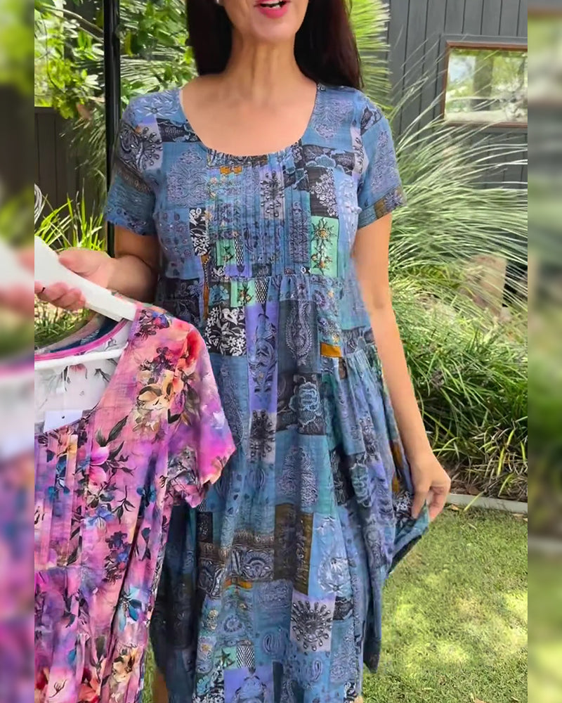 Isabelle | Effortless Patchwork Print Pleated Casual Dress