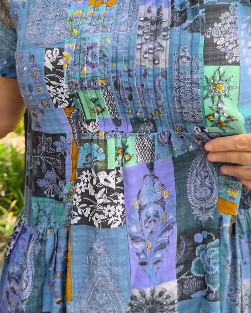 Isabelle | Effortless Patchwork Print Pleated Casual Dress