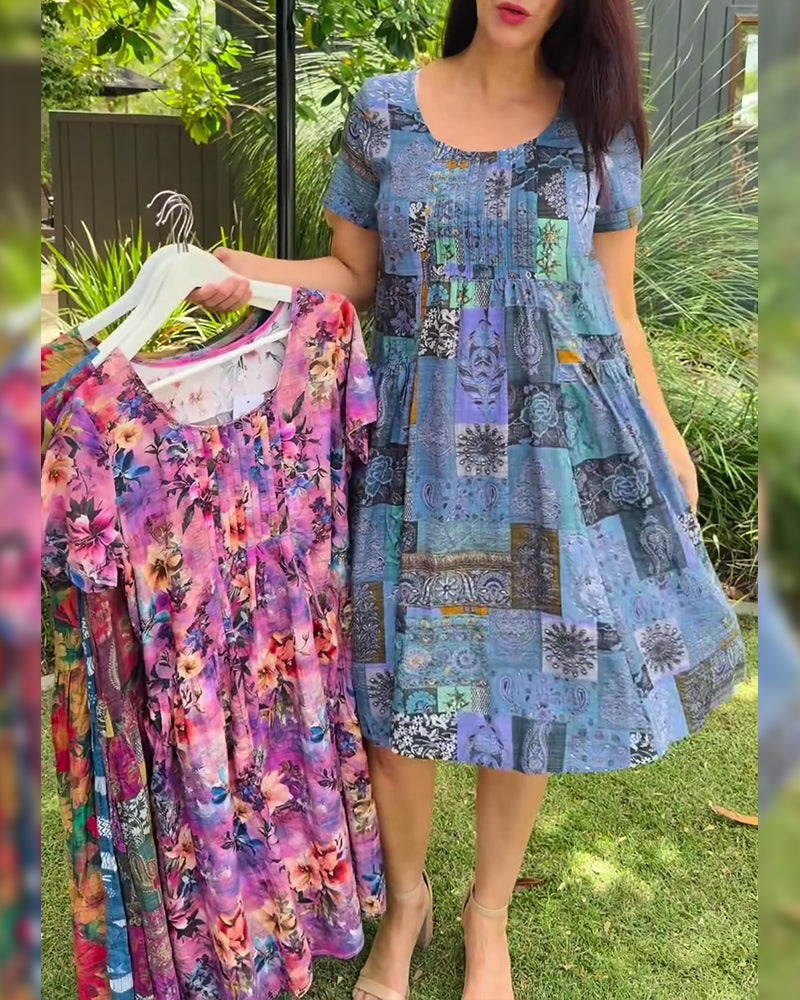 Isabelle | Effortless Patchwork Print Pleated Casual Dress