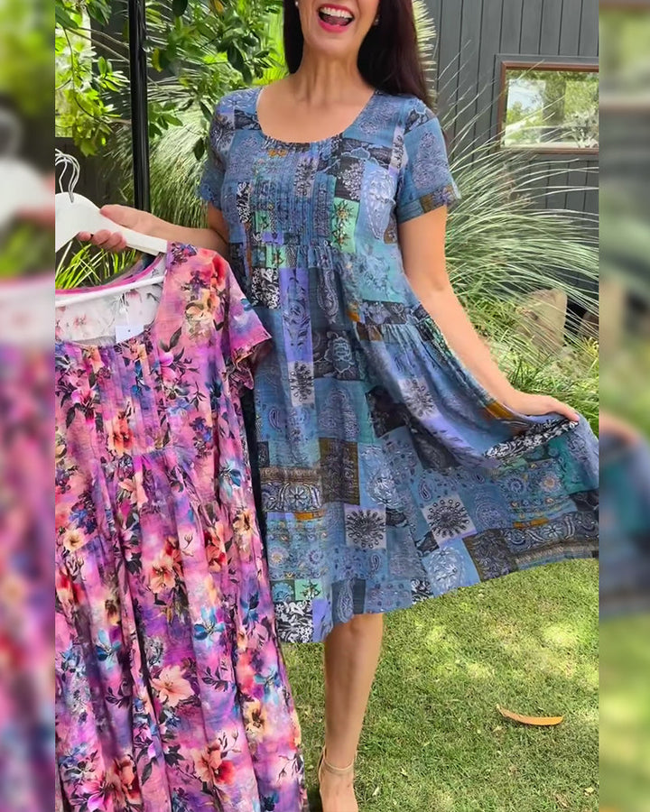 Isabelle | Effortless Patchwork Print Pleated Casual Dress