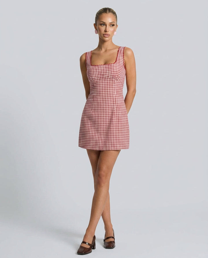 Isabelle | Elegant Square Neck Mini Gingham Dress