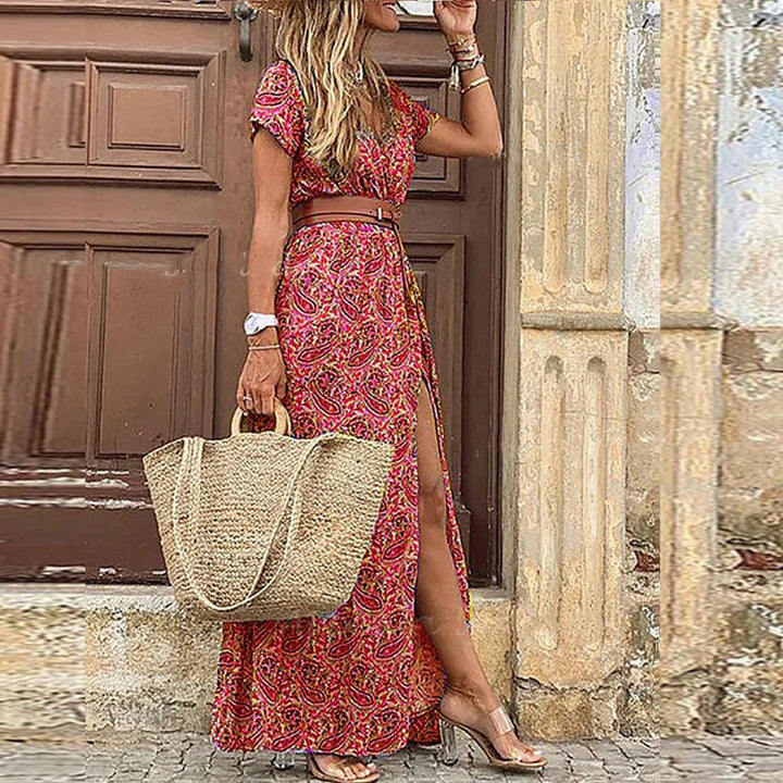 Isabelle | Refined Floral Wrap V-Neck Maxi Cocktail Dress