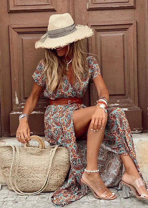Isabelle | Refined Floral Wrap V-Neck Maxi Cocktail Dress