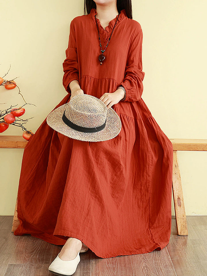 Isabelle | Ruffle Neck Tiered Maxi Linen Dress Women