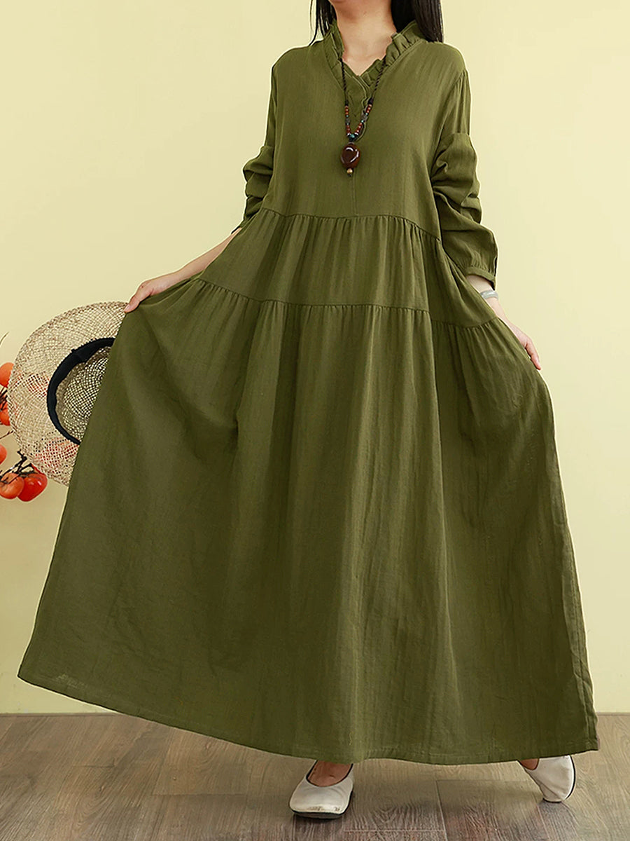 Isabelle | Ruffle Neck Tiered Maxi Linen Dress Women
