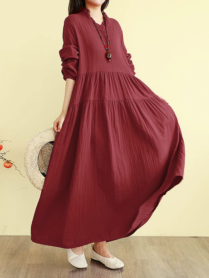 Isabelle | Ruffle Neck Tiered Maxi Linen Dress Women