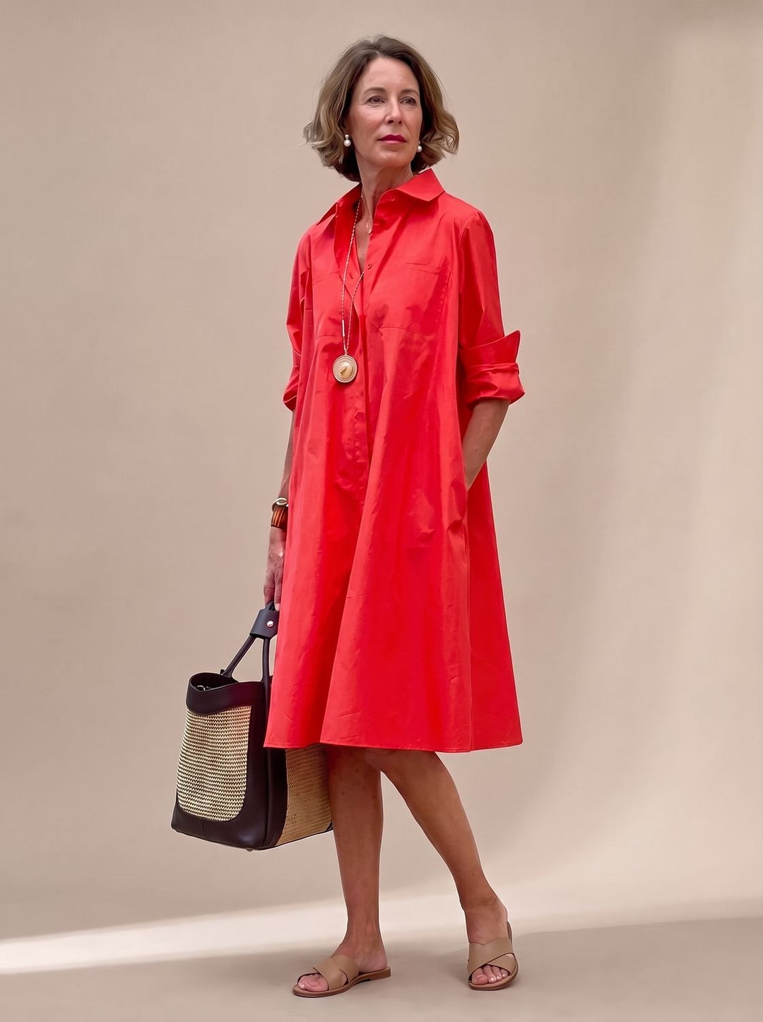 Ivy | Elegant Collared Shirt Midi Dress with Pockets