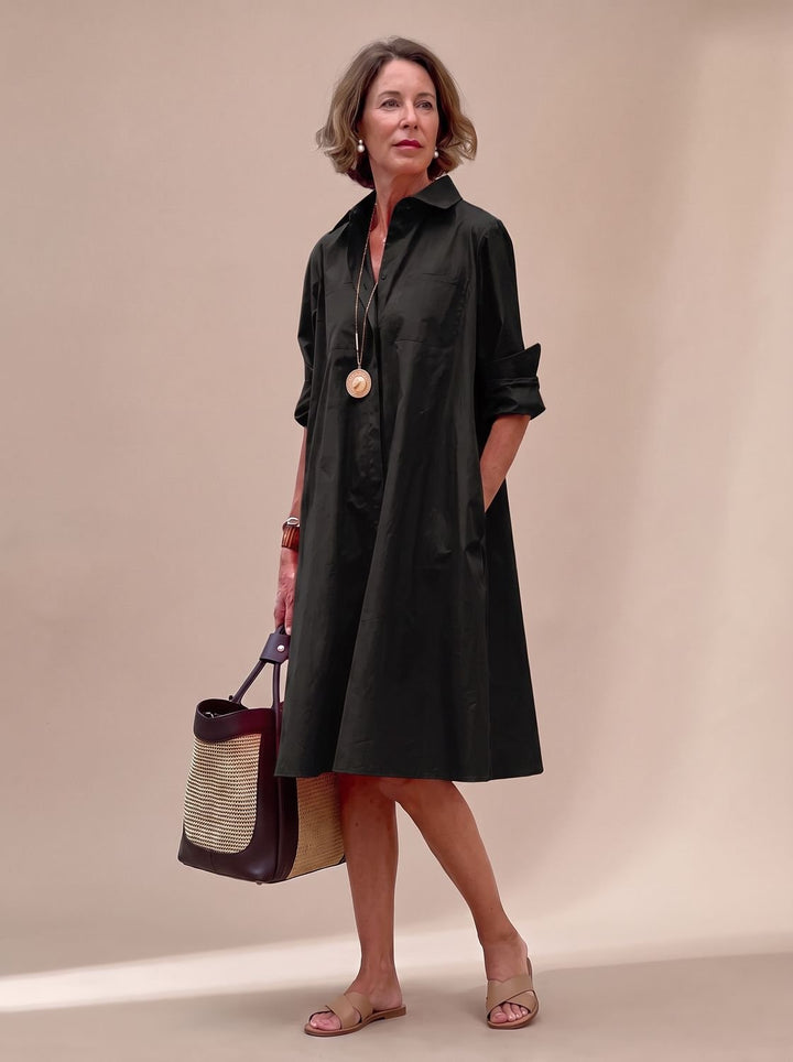 Ivy | Elegant Collared Shirt Midi Dress with Pockets