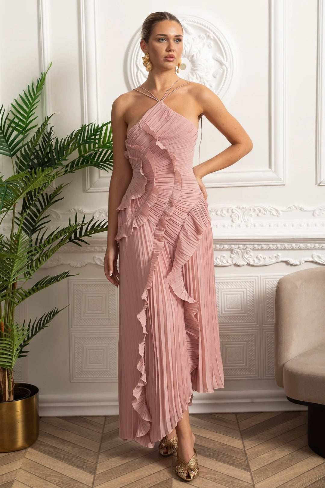 Ivy | Elegant Pleated Ruffle Races Dress Midi