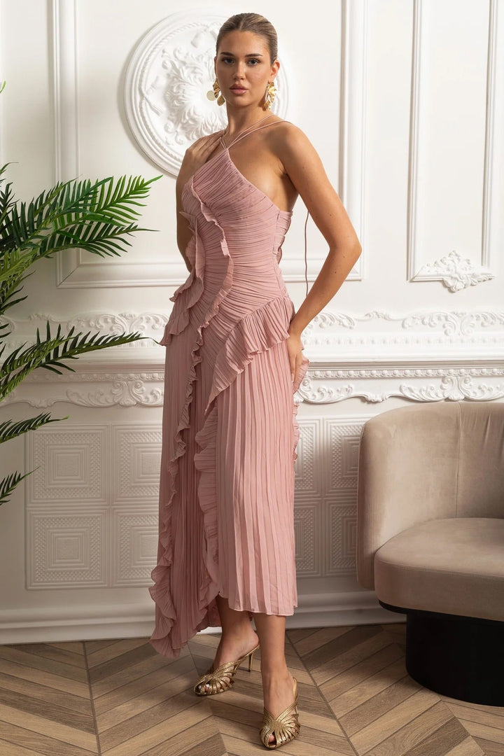 Ivy | Elegant Pleated Ruffle Races Dress Midi