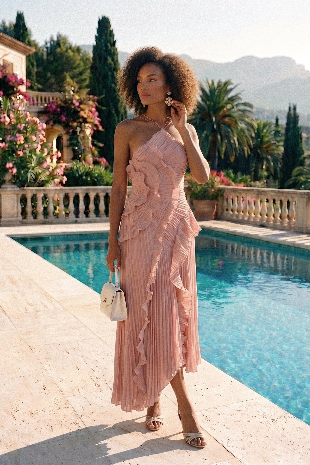 Ivy | Elegant Pleated Ruffle Races Dress Midi