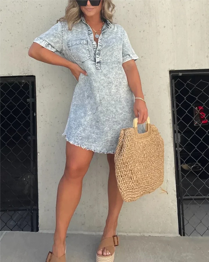 Ivy | Timeless Collared Denim Dress with Frayed Hem