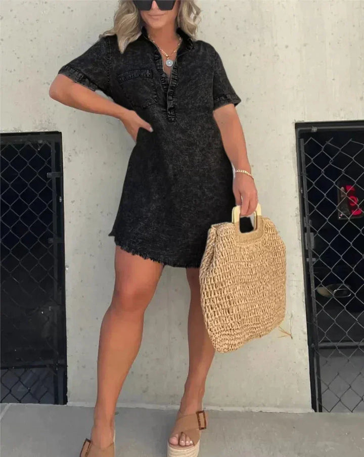 Ivy | Timeless Collared Denim Dress with Frayed Hem