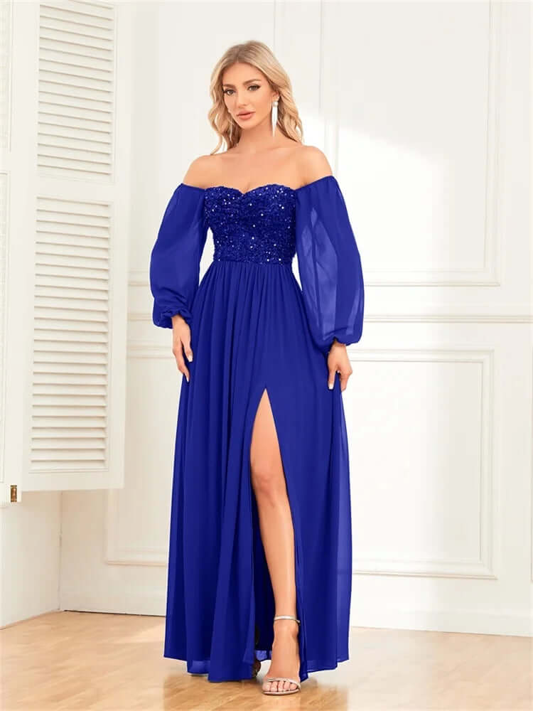 Jasmine | Polished Sequin Dress Off-Shoulder Evening Gown with High Slit
