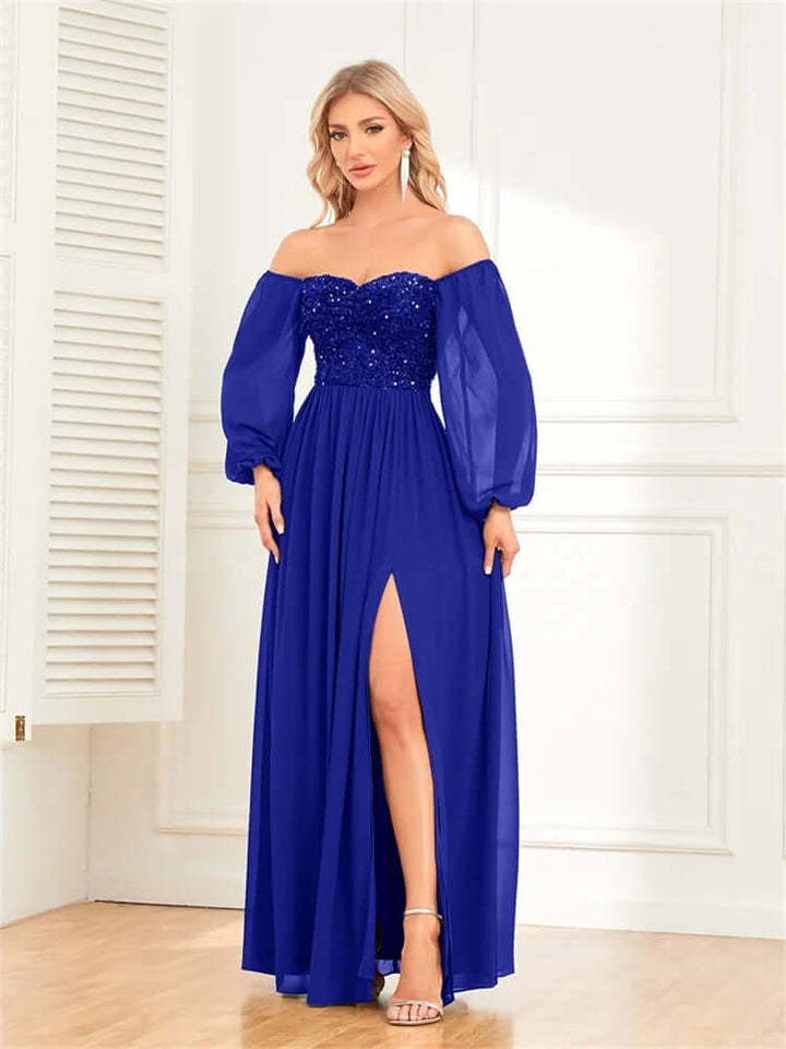 Jasmine | Polished Sequin Dress Off-Shoulder Evening Gown with High Slit
