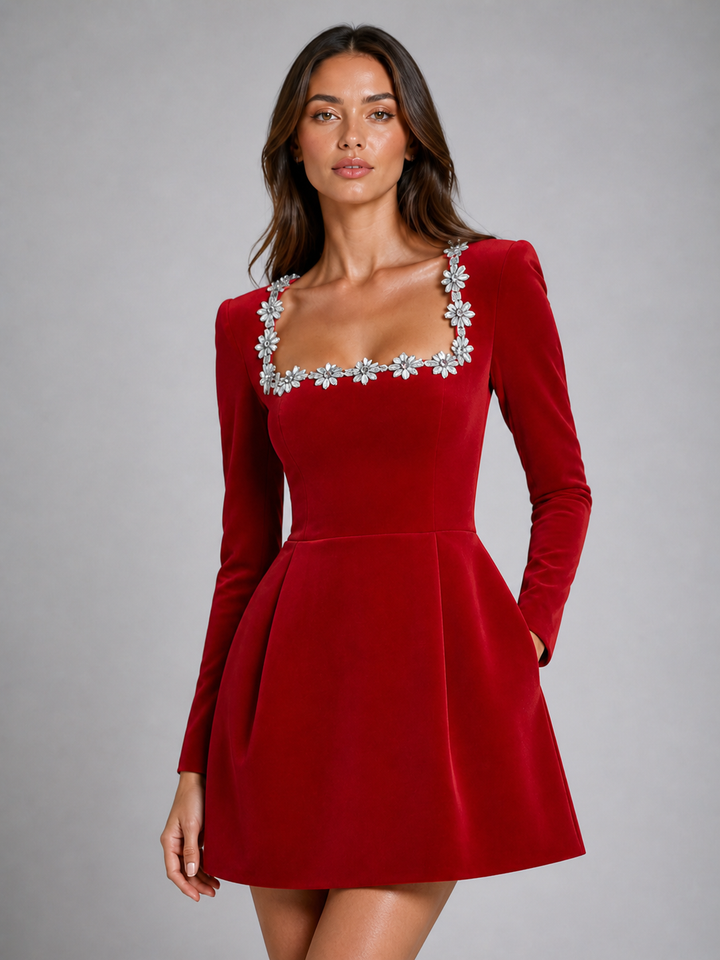 Kaia | Effortless Velvet Crystal Neckline Christmas Party Dress