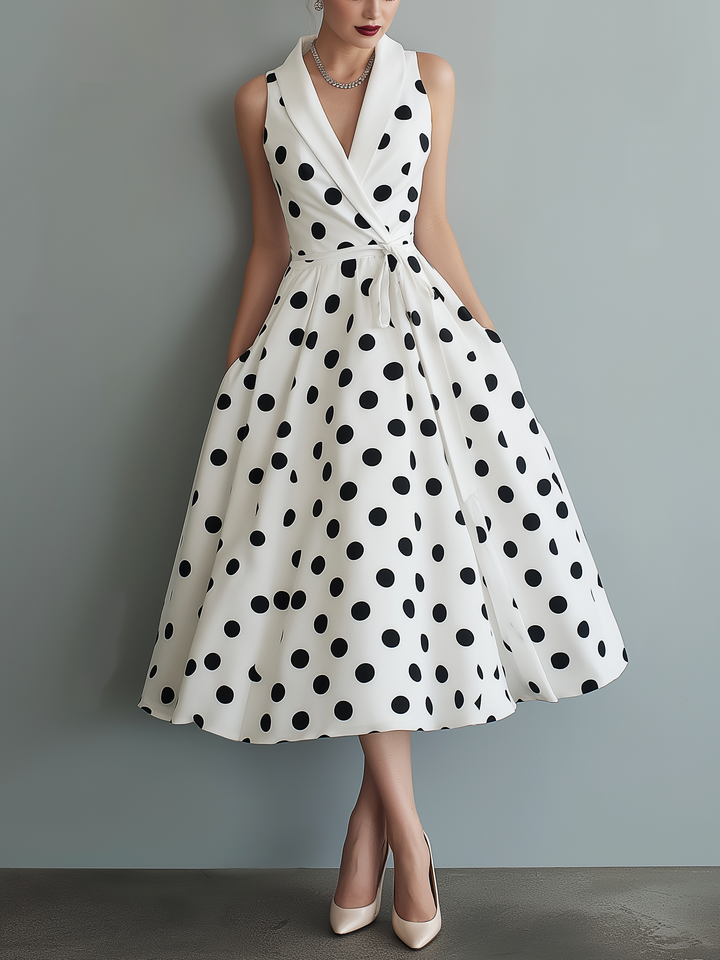 Kaia | Polished Polka Dot Races Dresses Collared Wrap Midi Dress