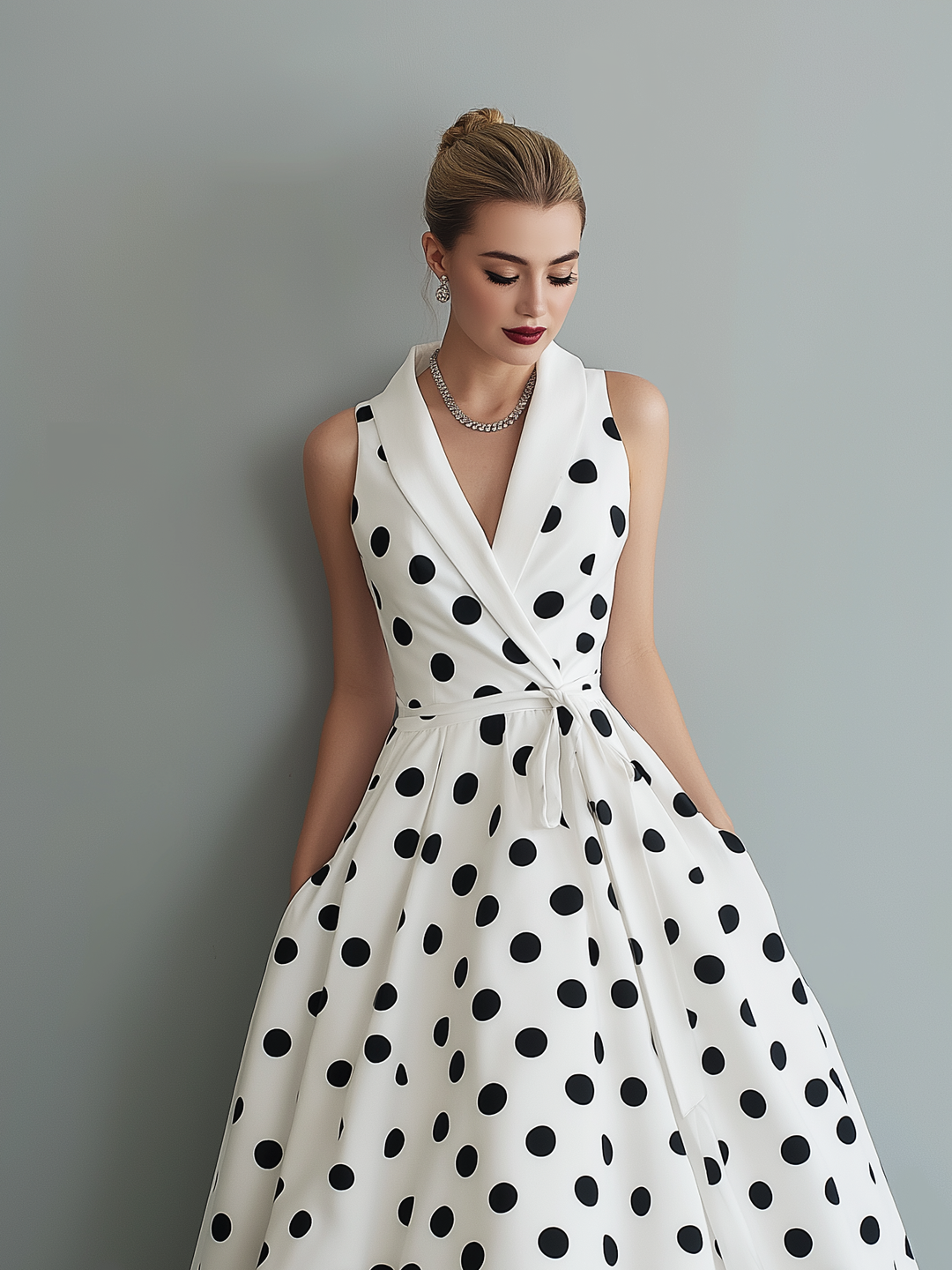 Kaia | Polished Polka Dot Races Dresses Collared Wrap Midi Dress
